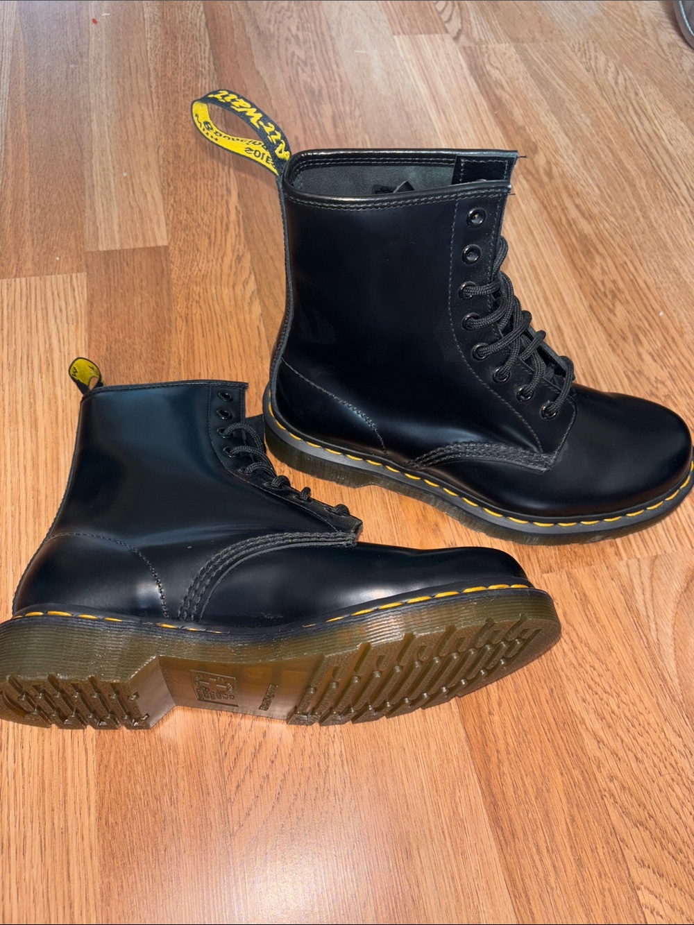 Dr. Martens Black 8-Eye Lace-Up Boots with Yellow Stitching 1460W